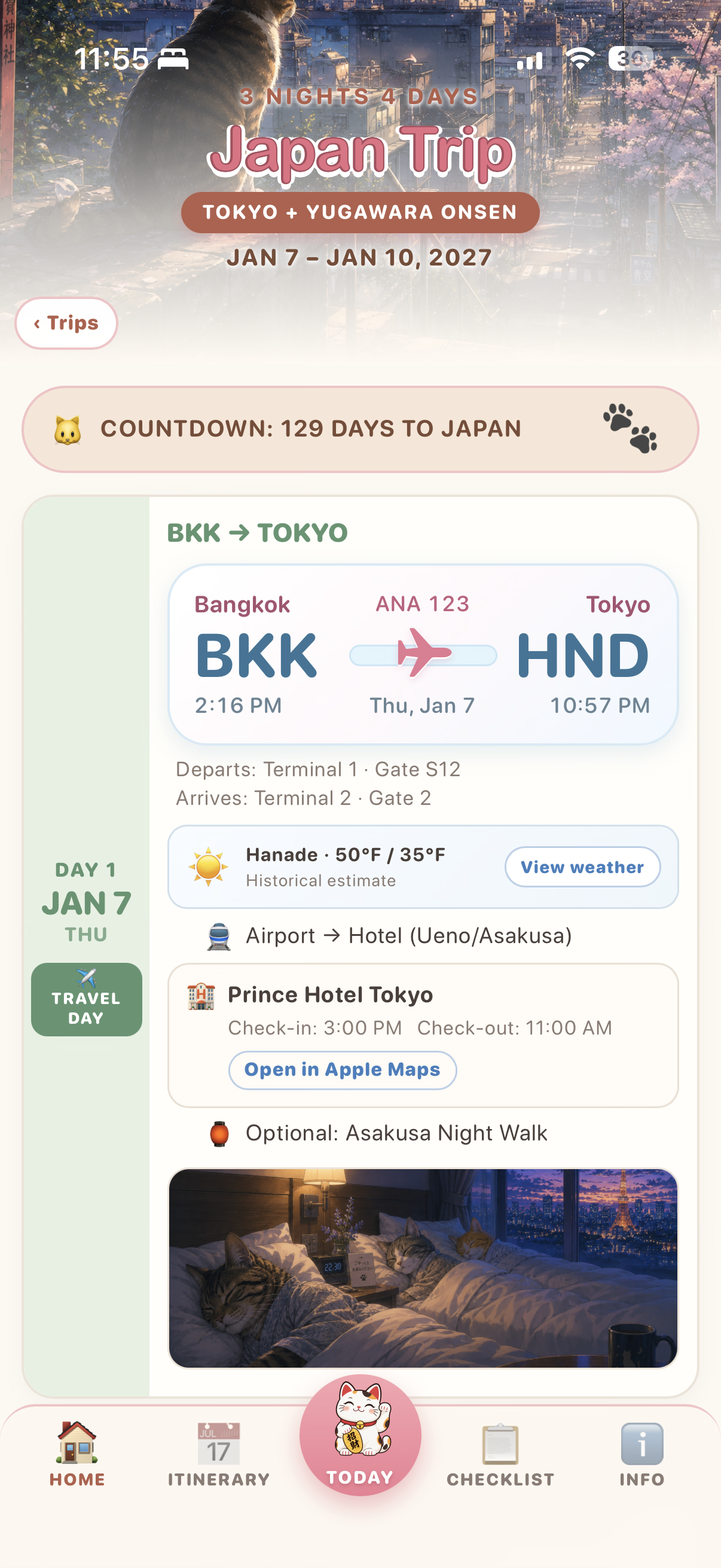 Vacay Trip Planner home screen showing a Japan itinerary, flight, weather, hotel, and daily activities