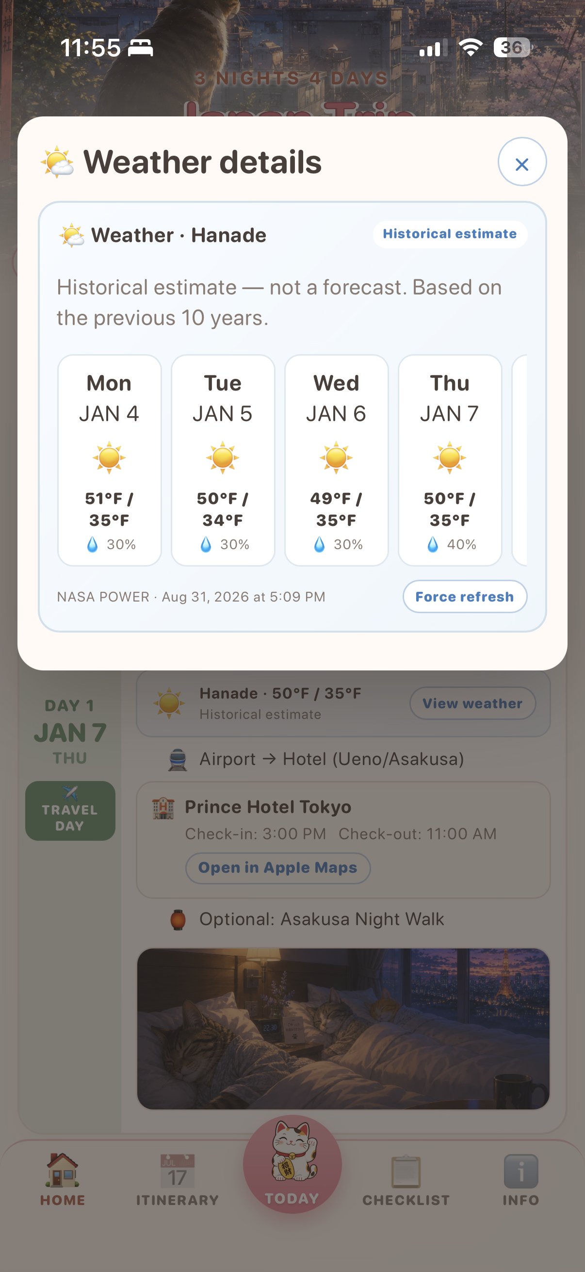Weather details showing historical daily temperature and rain estimates