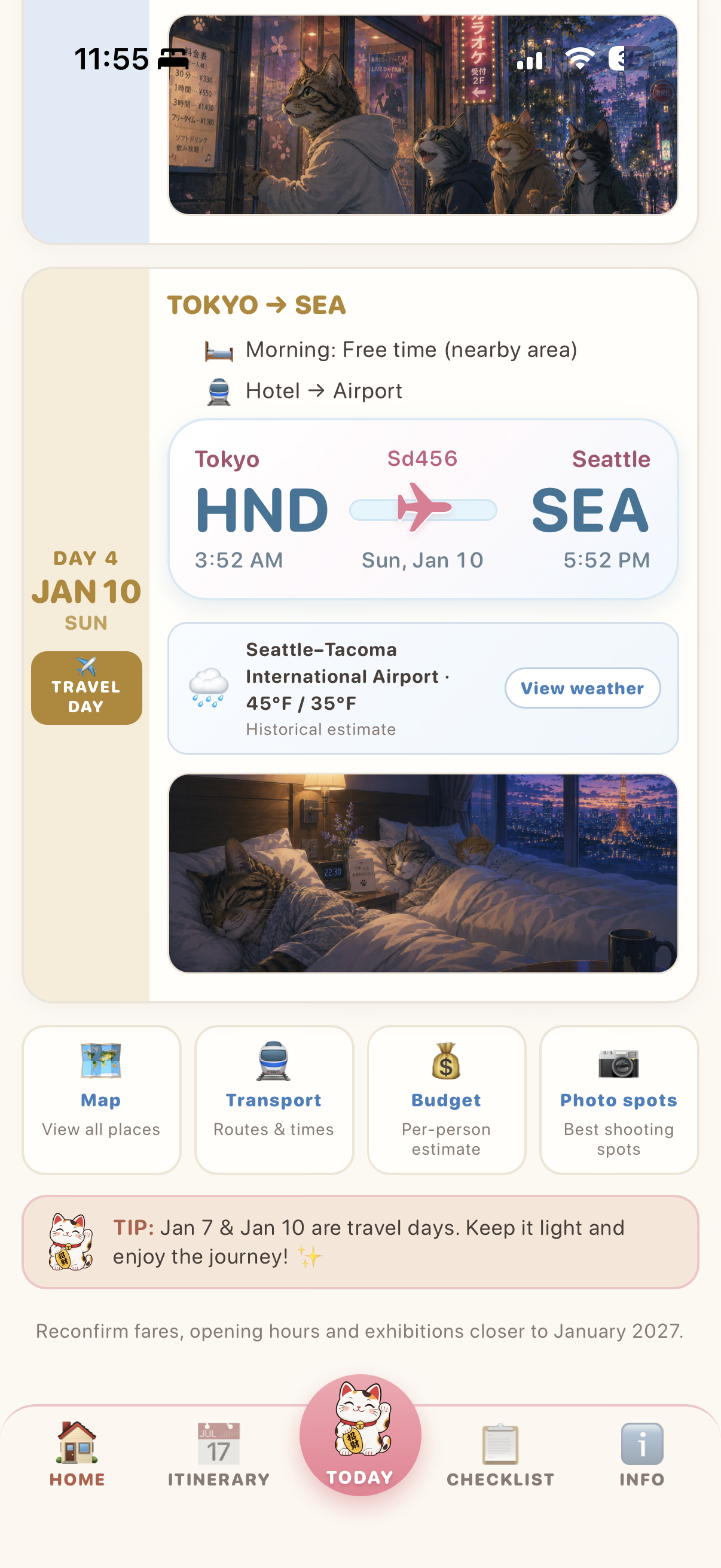 Itinerary screen showing a flight card, weather, travel tools, and trip tips