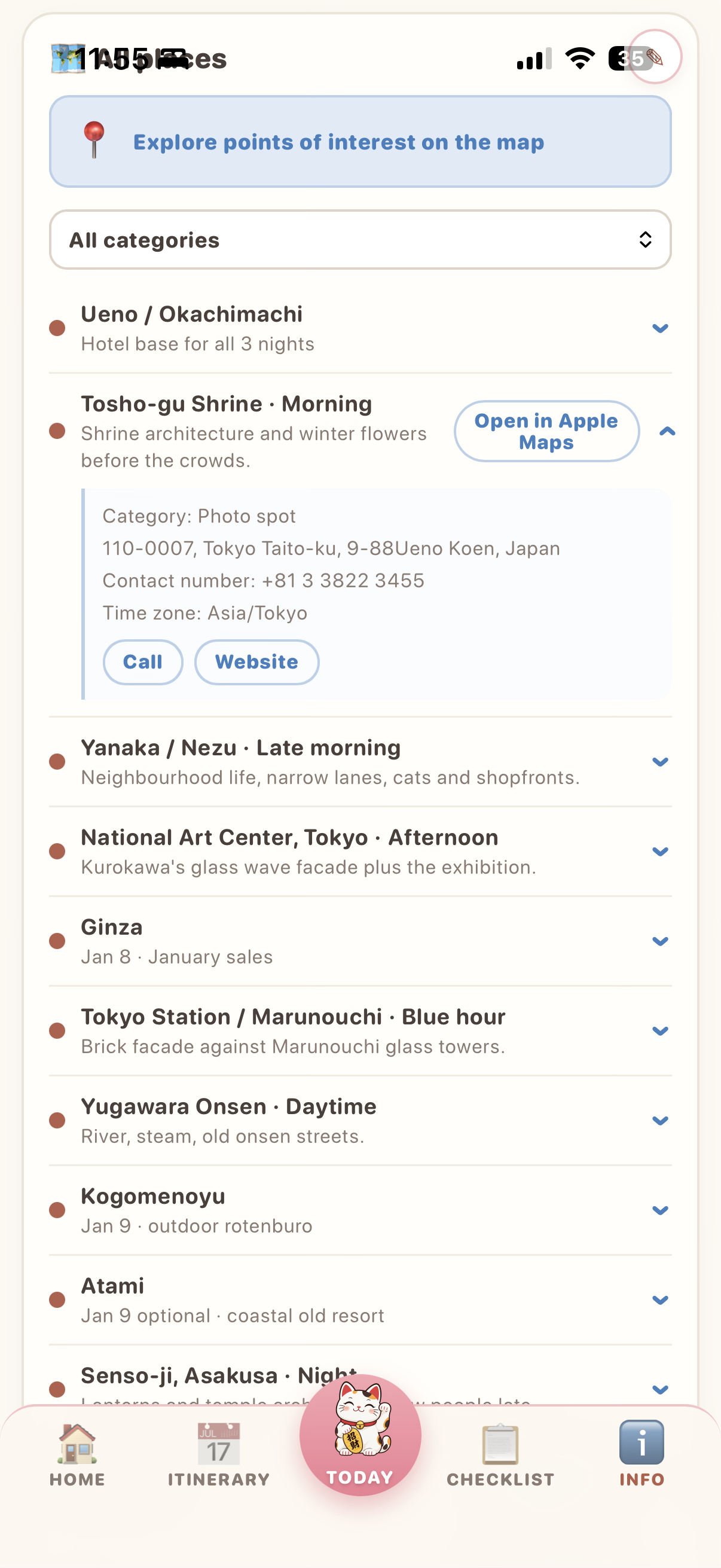 Saved trip places with contact details and Apple Maps actions