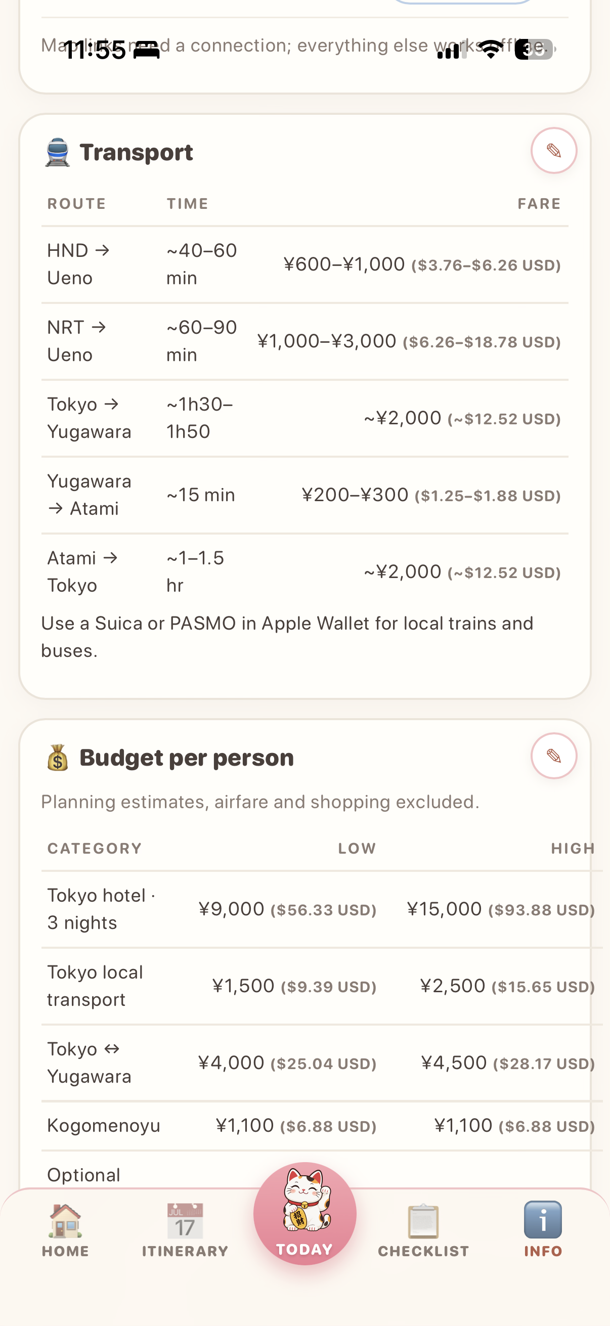 Transportation and per-person budget planning tables