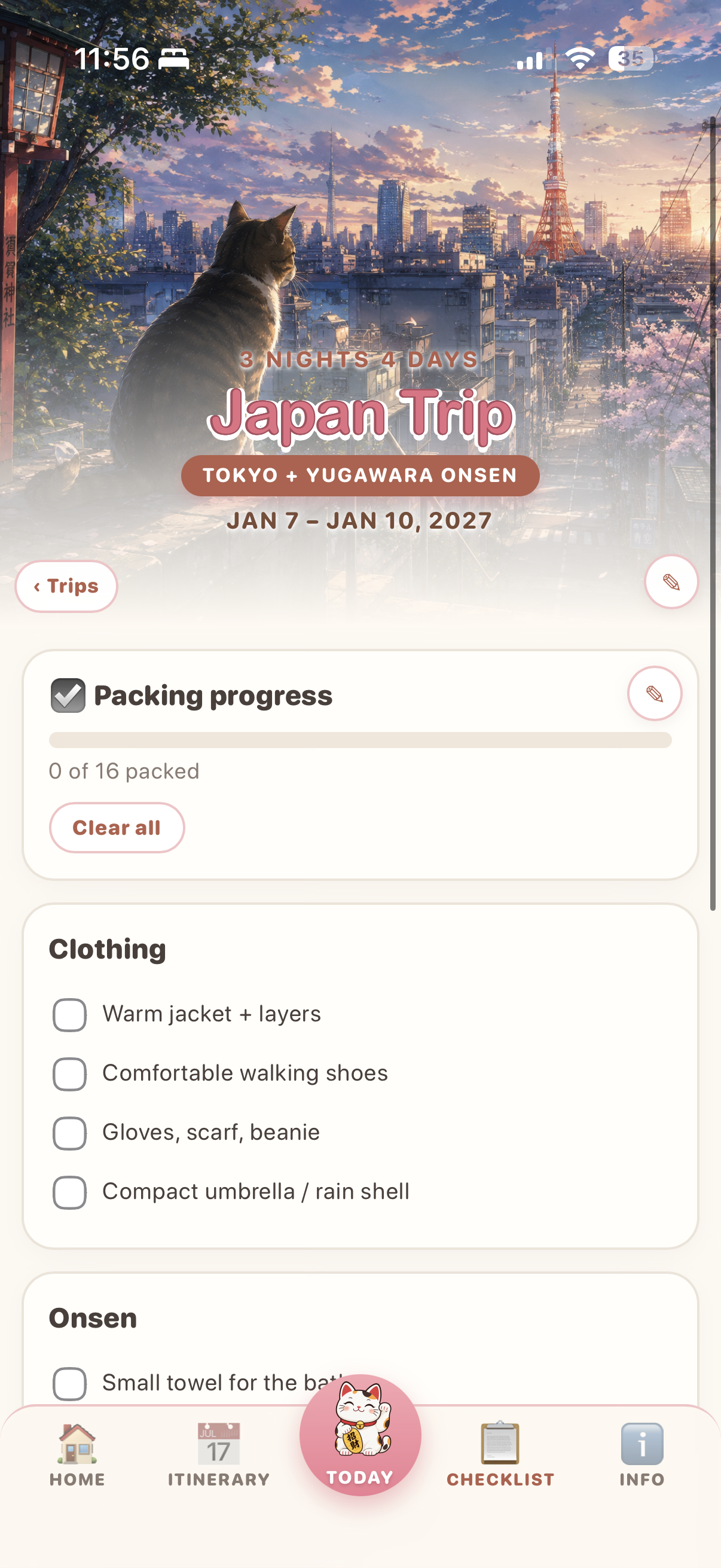 Trip packing checklist organized by category