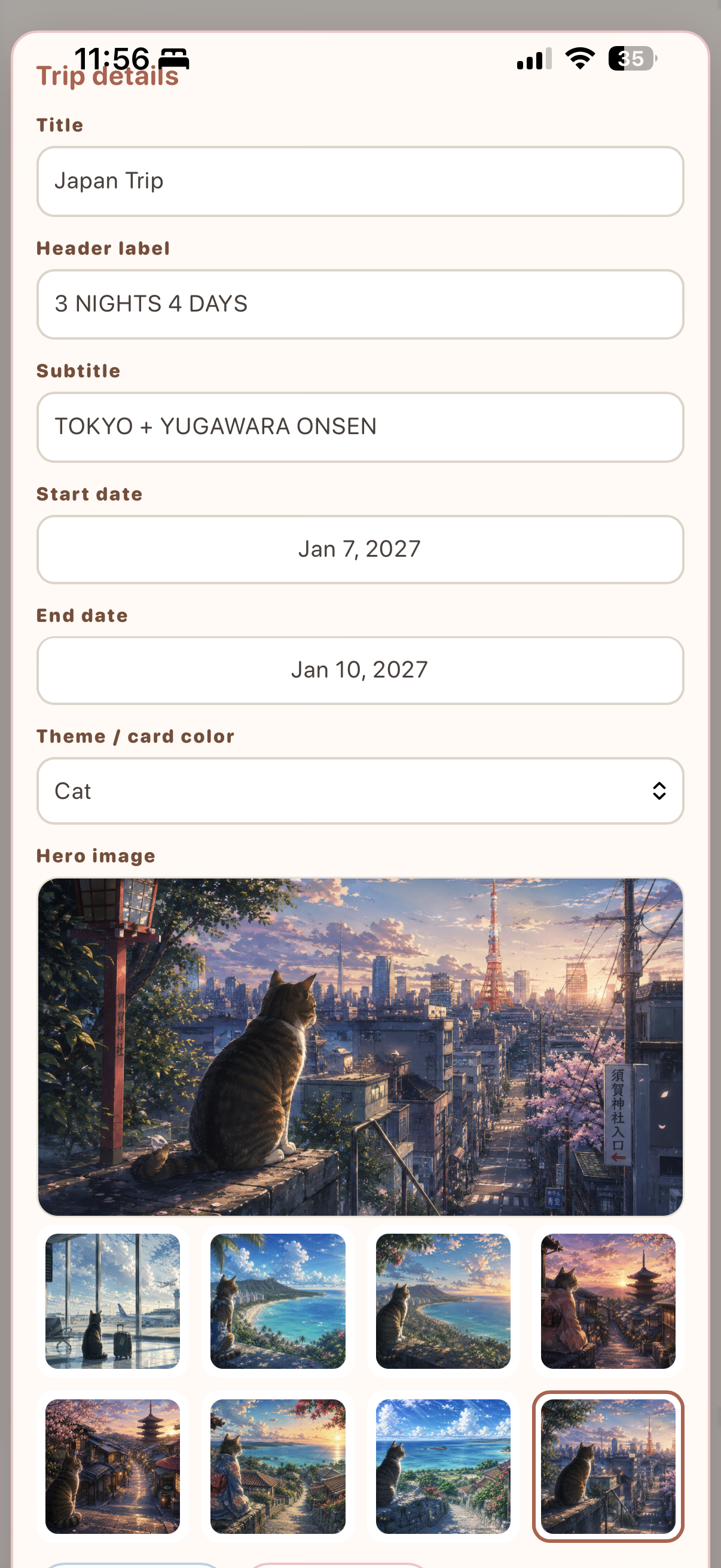Trip editor showing customizable dates, Cat theme selection, and destination artwork