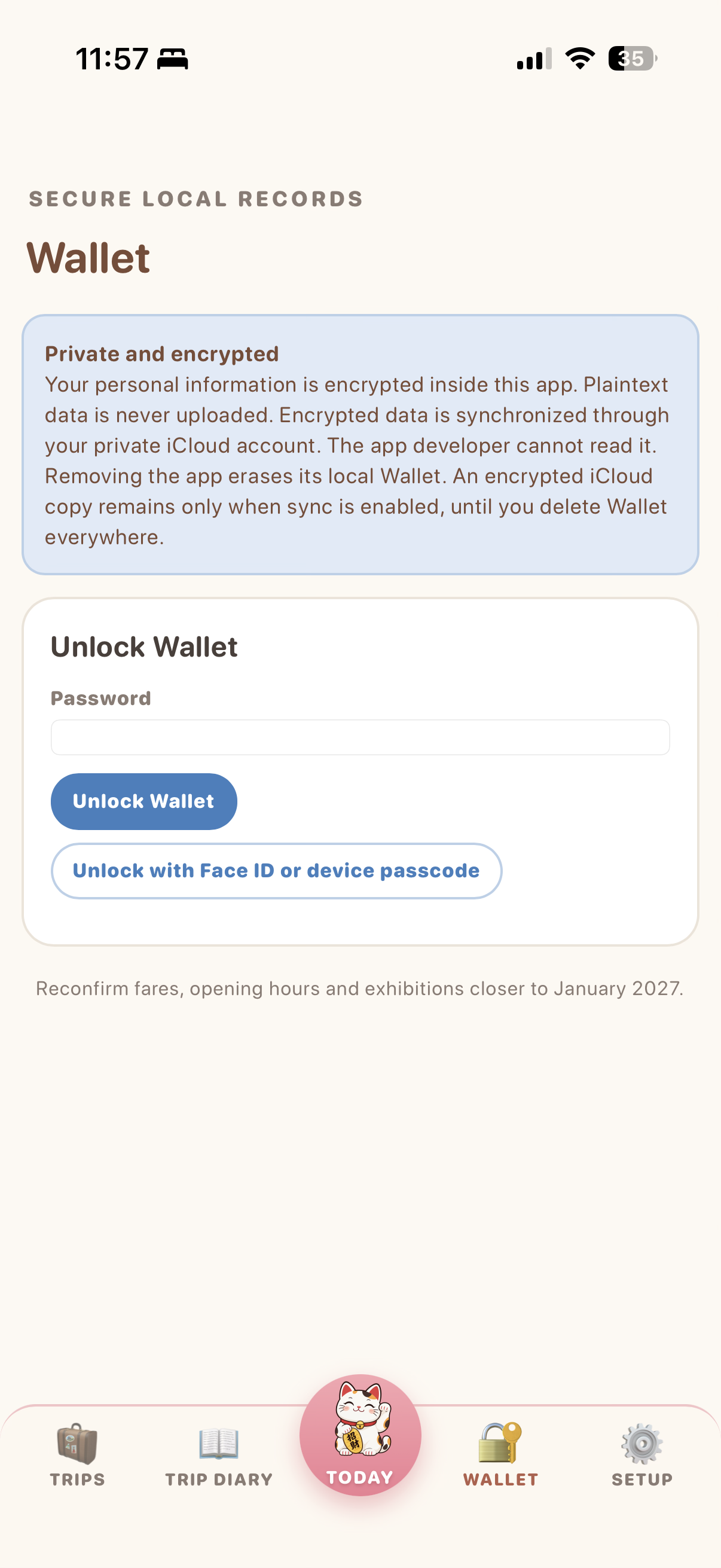 Encrypted Travel Wallet unlock screen with Face ID support