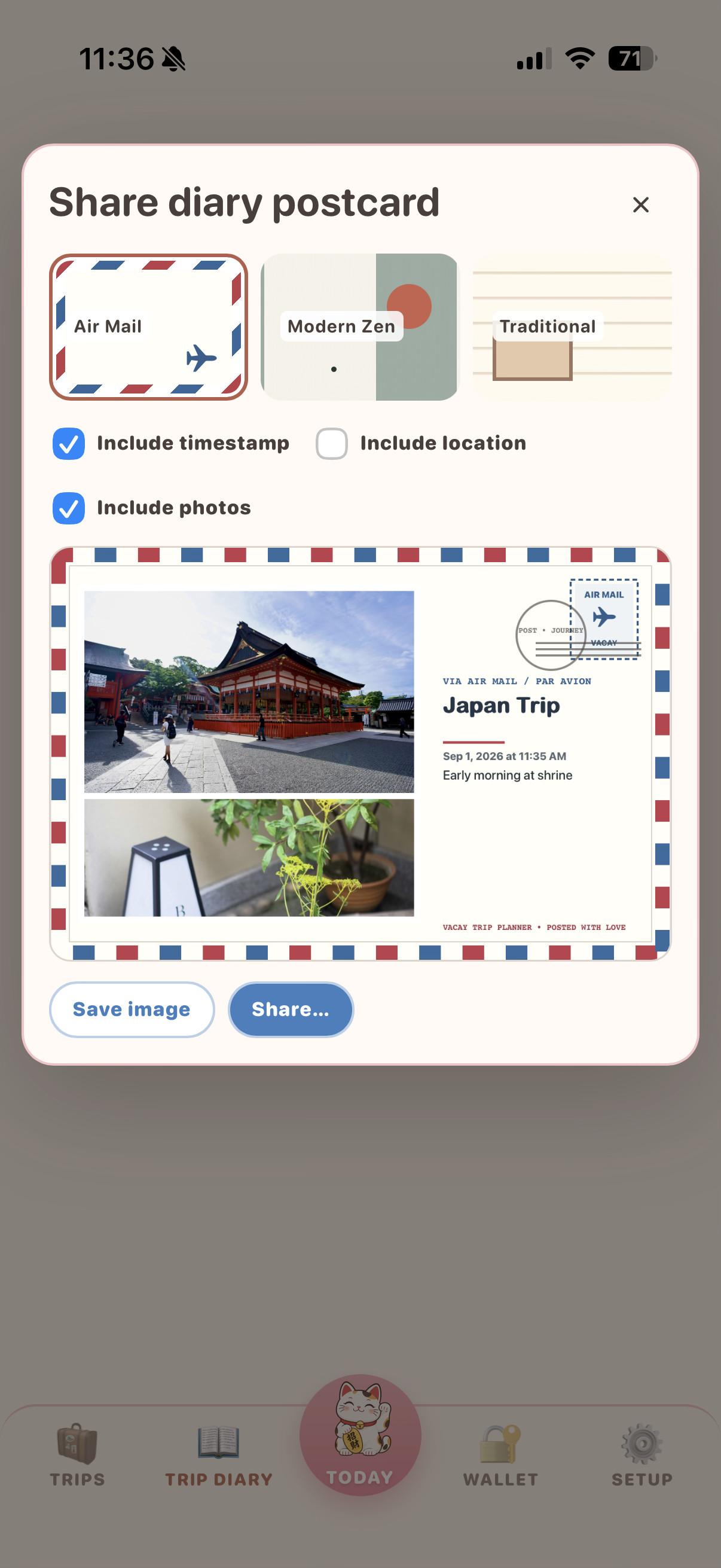 Customizable travel postcard ready to share
