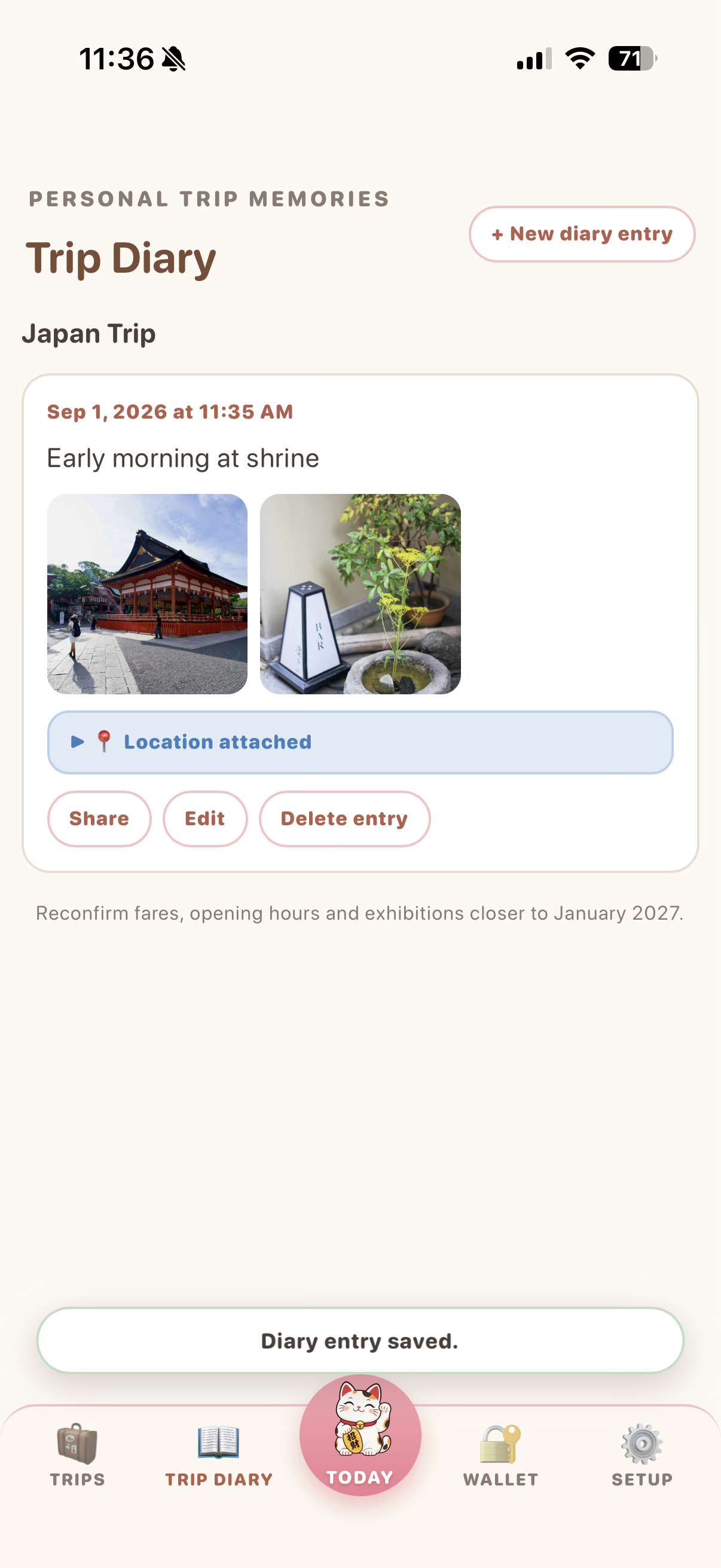 Private diary entry with trip photos and location